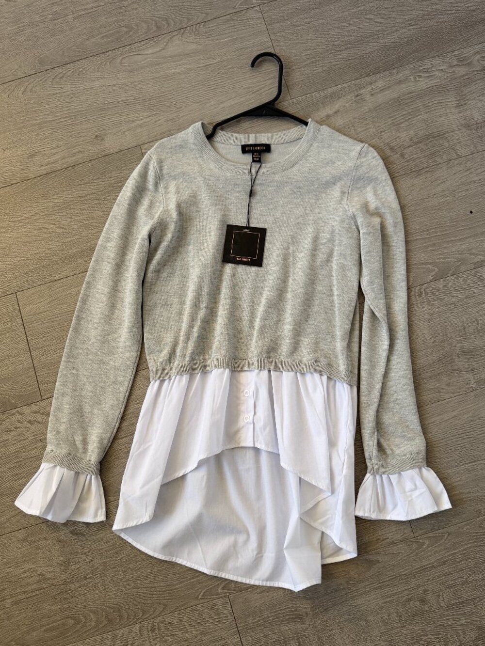 QED London Layered Shirt Hem Knit Sweater Top Gray White Size UK 8/US 4